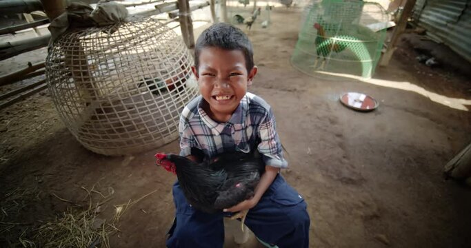 Slow motion scene of a happy smiling Asian farmer boy who is the son of an Asian farmer family, carrying gamecock which is raised to sell as extra income.