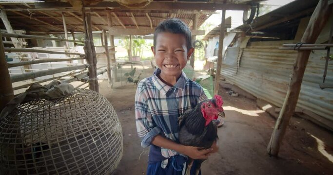 Slow motion scene of a happy smiling Asian farmer boy who is the son of an Asian farmer family, carrying gamecock which is raised to sell as extra income.