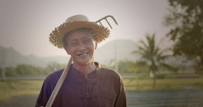 Slow-motion scene of a happy smiling Asian male farmer wearing a brown native shirt, an elderly native, standing in a plantation at sunset, lit up with an orange glow, background is the mountains.
