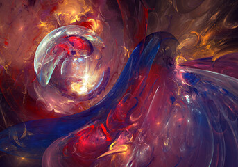 Abstract painterly fractal art background of swirling textures in blue, red and gold.