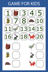 Math educational game for kids. Fill in the line, write the missing numbers