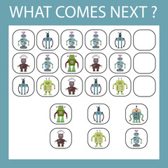 An educational activity for children - to make a logical chain of monsters. Which robots  is next?