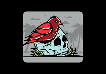 Bird nesting in skull illustration