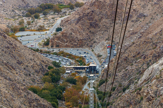 Cable car leading up to Mount San Jacinto in Palm Springs during sunset with pastel background.	
