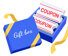 A gift box full of benefits and coupons for the new year illustration set. present, event, ribbon, free, discount. Vector drawing. Hand drawn style.