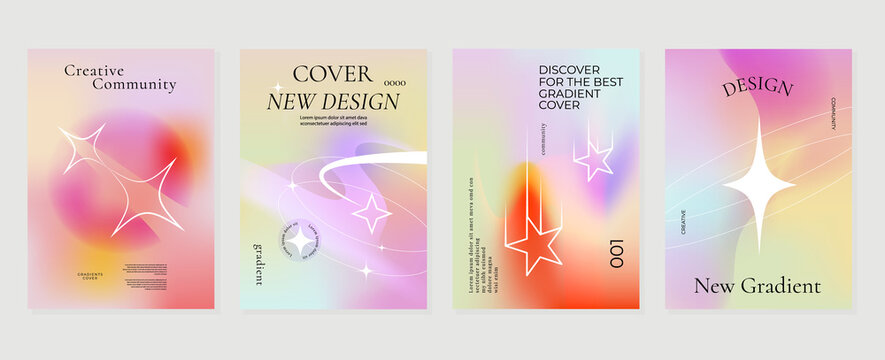 Fluid gradient background vector. Cute and minimal style posters with colorful, geometric shapes, stars and liquid color. Modern wallpaper design for social media, idol poster, banner, flyer.