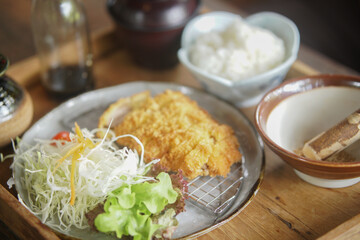 shredded cabbage with deep fried crispy pork cutlet rice japanese food Tonkatsu