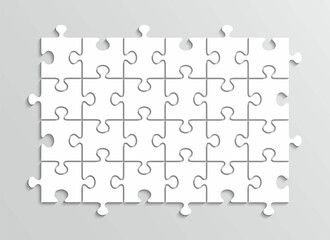 Puzzle template. Jigsaw outline grid pieces. Thinking game with 24 separate shapes. Simple mosaic layout. Modern puzzle background. Laser cut frame. Vector illustration.