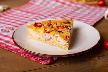 a piece of pie in a round plate