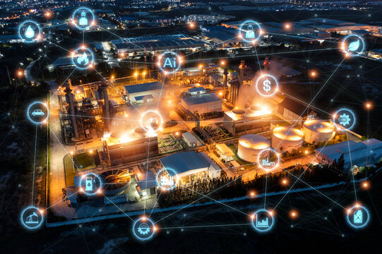 4.0 advanced industrial concept The industry has cyber icons and internet applications. Industrial equipment in factories with icons, networking, Internet of things and smart factory solutions.