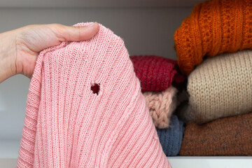 Cropped woman hand holding woolen knitted cloth with hole eaten by moth over wardrobe with stacks...