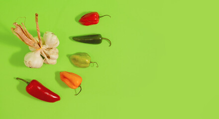 Garlic and hot chili peppers on green background