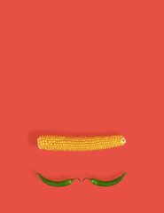 Green cayenne peppers and corn cob on pastel orange background