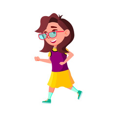 Girl Child Running To Meeting With Friend Vector. Caucasian Happiness Schoolgirl Running With Positive Emotion Outdoor. Character Runner Funny Leisure Time Flat Cartoon Illustration