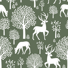 Seamless vector pattern with deer, fawn and trees. Scandinavian woodland illustration. Perfect for textile, wallpaper or print design.