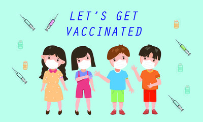 COVID-19 vaccine for kids poster. Girl and a boy with mask illustration. Vaccination for kids vector