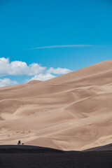 A couple with their dogs looking up to the Sand Dunes at Great Sand Dunes National Park, Colorado