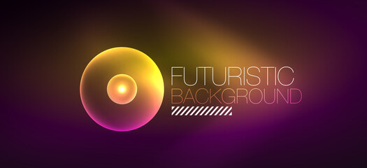 Shiny neon geometric abstract background. Glowing lights on round shapes, triangles and circles. Wallpaper for concept of AI technology, blockchain, communication, 5G, science, business