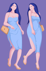Obraz na płótnie Canvas Dynamic illustration of a beautiful woman wearing a low cut dress and carrying a woman's bag