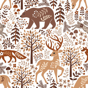 Seamless vector pattern with cute woodland animals, trees and leaves.  Scandinavian woodland illustration. Perfect for textile, wallpaper or print  design. Stock Vector | Adobe Stock