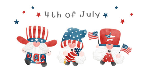 Obraz premium group of three four of 4th of July Gnome Patriotic America Independence day cartoon watercolor illustration vector