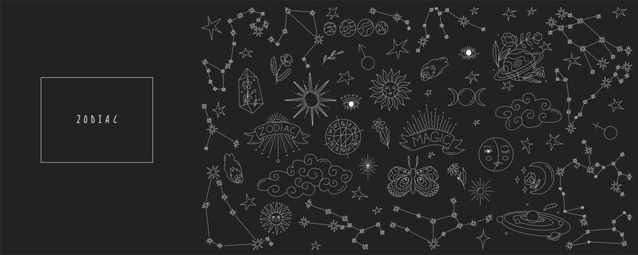 Collection of mystical and astrological icons. Astro tattoo. Decor for natal chart and horoscopes. Zodiac signs, Constellations. Big esoteric set. Line art in vector illustration. Isolated elements.