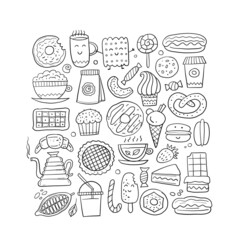 Coffee shop menu elements. Desserts and sweets. Hand drawn sketch for your design. Colouring page