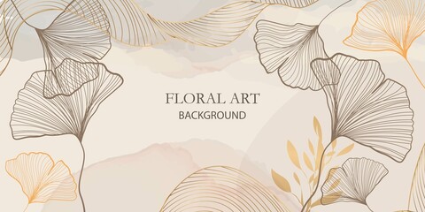 Creative Botanical Hand Painted Abstract Art Minimalist Background with Watercolor Elements and Line Art Hand Drawn Gingko Leaves. Vector Modern Design for Wall Decor, Card, Print, Poster or Cover.