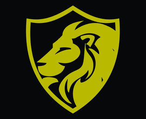 Lion head shield logo icon. Royal gold crown badge symbol. Vector illustration logo