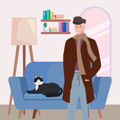 old man modeling with cat