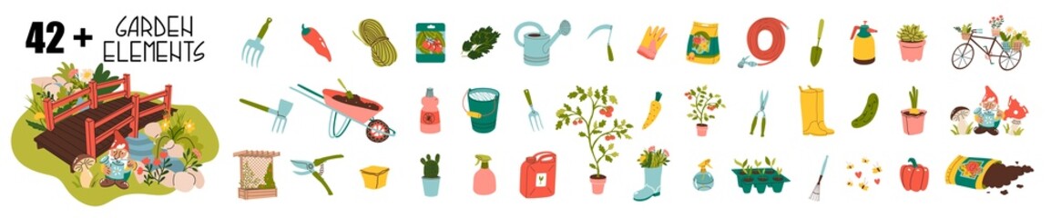 Big garden Collection. Tools and plants. Farmers craft. Home gardening, growing natural and ecological products. Water can, soil, cacti, rake, chopper, shovel. Flat style in vector illustration.