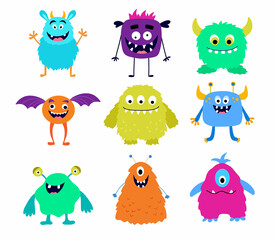 Set of cute colorful monsters. Funny cool cartoon fluffy monster, aliens for childish cards and books. Hand drawn flat vector illustration isolated on white background. © Elena