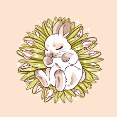 Cute little rabbit, Easter brown rabbit sleeping on flowers snowdrops grass in a circle, spring snowdrops, hand-drawn Easter holiday symbol, postcard for printing on a delicate background white rabbit