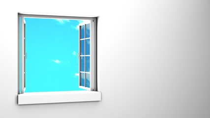 White window with blue sky.
3d rendering illustration.