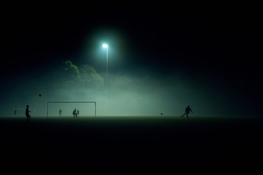 Distant people playing sports in fog at night