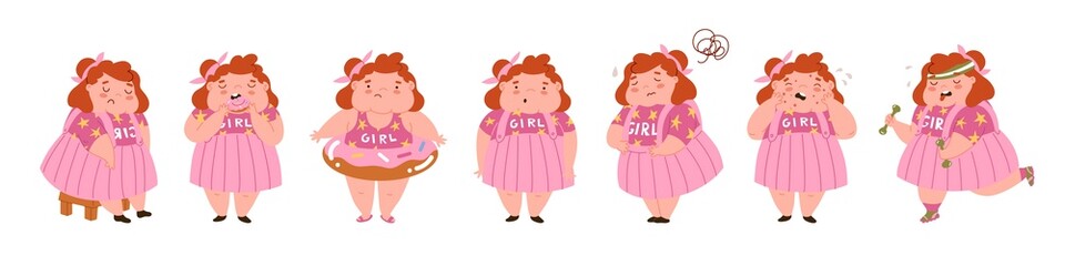 Childhood obesity. Collection of characters on the theme of overweight. Stop children's overeating. Girl suffers from corpulence. Diseases of the gastrointestinal tract. Vector illustration.