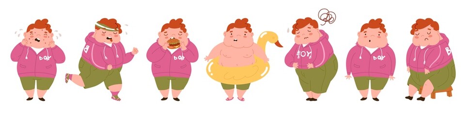 Childhood obesity. Collection of characters on the theme of overweight. Stop children's overeating. Boy suffers from corpulence. Diseases of the gastrointestinal tract. Vector illustration. - obrazy, fototapety, plakaty