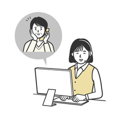 コールセンターのオペレーターが女性と会話しているイラスト