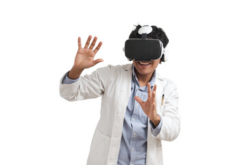 Young peruvian male scientific using virtual reality headset. Isolated over white background.