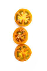 Fresh three slices of Tomatoes isolated on white background. Top view