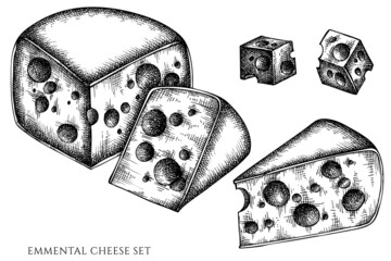 Cheese vintage vector illustrations collection. Black and white emmental.