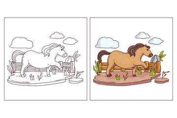 Hand drawn cute Farm Animal for coloring page horse