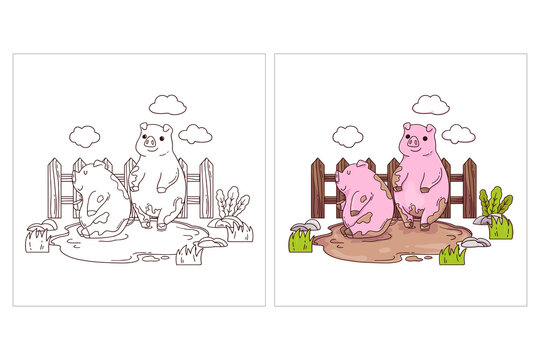 Hand drawn cute Farm Animal for coloring page pig