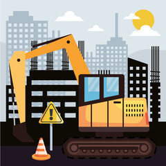 excavator and buildings