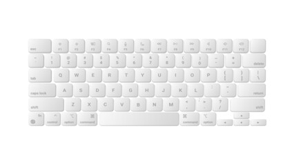 White realistic computer keyboard. Modern wireless equipment for electronic text input and gaming industry multimedia buttons with vector symbols
