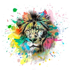 Gordijnen lion head with creative colorful abstract elements on dark background © reznik_val