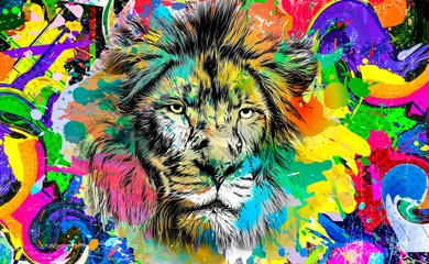 Zelfklevend Fotobehang lion head with creative colorful abstract elements on dark background © reznik_val