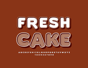 Fototapeta na wymiar Vector tasty logo Fresh Cake. Trendy funny Font. Playful set of Brown Alphabet Letters and Numbers