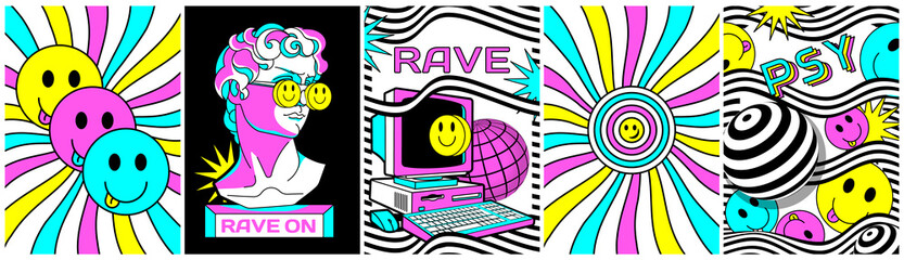 Rave Acid Rainbow Posters and prints for tee, streetwear. Crazy collage with fun surreal geometry and slogans. Set of surreal psychedelic acid backgrounds. Weird 90s style.