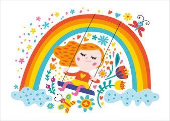 Card for girl. Vector isolated illustration with beautiful fairy and unicorn on a white background.
